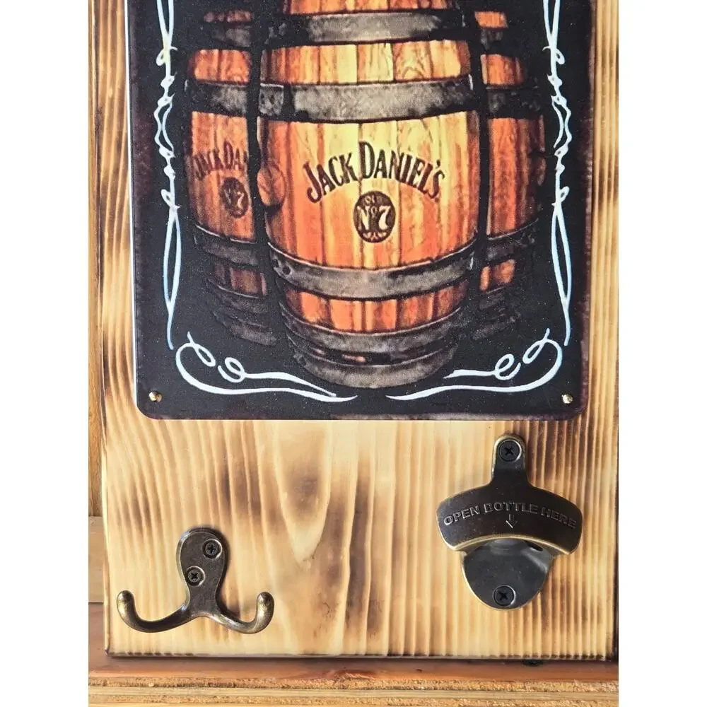 Jack Daniels Whiskey Sign Mounted on Solid Wood w/ Hook & Bottle Opener Handmade